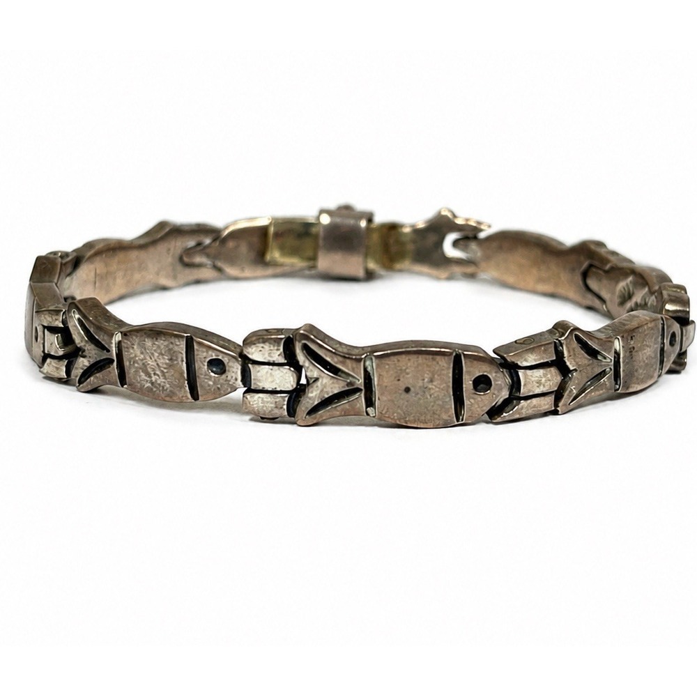 Vintage Taxco Mexico 925 Sterling Silver Fish Link Bracelet 7.75"